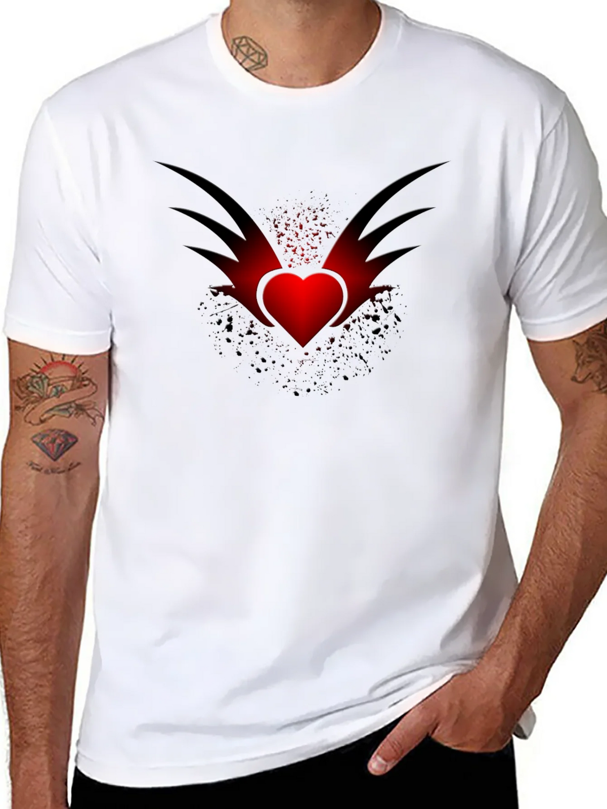 Mens Black T-Shirt with Winged Heart Graphic product image 7